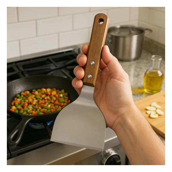 Mallart Ahşap Saplı Paslanmaz Çelik Spatula - 24cm Eğilimli Çok Amaçlı Mutfak Spatulası Izgara, Burger, Sebze, Temizlik İçin Profesyonel Metal Spatula - Görsel 4