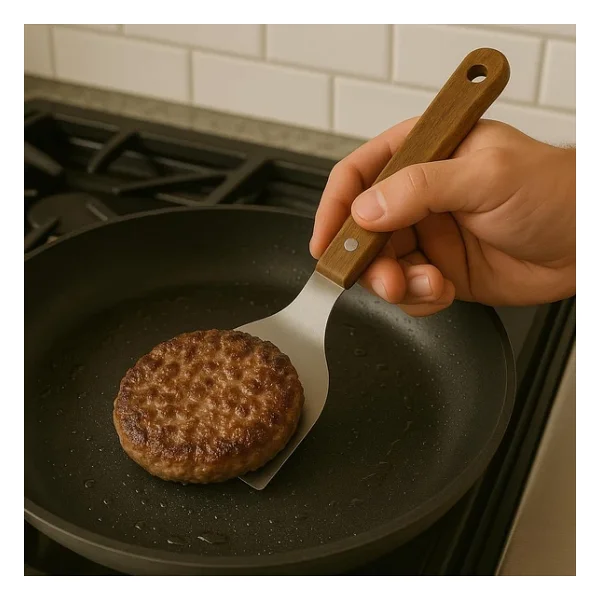 Mallart Ahşap Saplı Paslanmaz Çelik Spatula - 24cm Eğilimli Çok Amaçlı Mutfak Spatulası Izgara, Burger, Sebze, Temizlik İçin Profesyonel Metal Spatula - Görsel 6