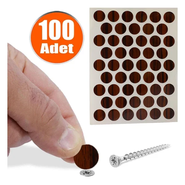 Badem10 Yapışkanlı Vida Tapası Tıpası Parlak Abanoz Ahşap Desenli Kahverengi Vida Kapatıcı Kapağı (100 Adet) - Görsel 2