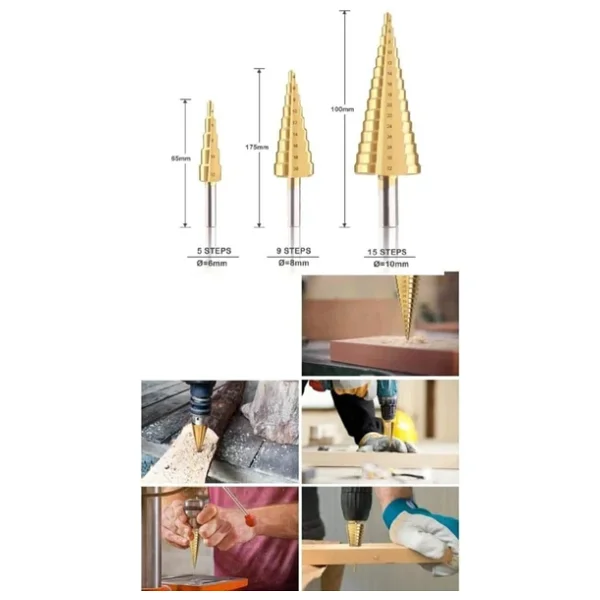 Orret Home 3'lü Kademeli Matkap Ucu Seti - Huni Şekilli Paslanmaz Çelik Sac Delme Uçları, Alüminyum, Demir, Sac Metal Ve İnce Levha Delme İçin Step Drill Panç Seti - Görsel 8