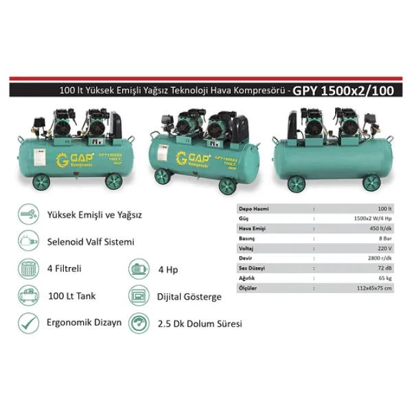 Gap Gpy1500x2-100 4 Hp 8 Bar 100 Lt Sessiz Yağsız Kompresör - Görsel 7