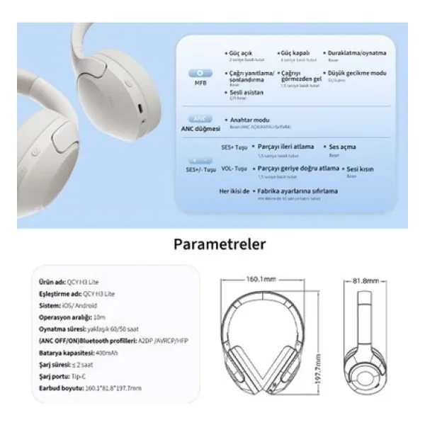 QCY H3 Lite ANC Beyaz Kulak Üstü Bluetooth Kulaklık - Görsel 2