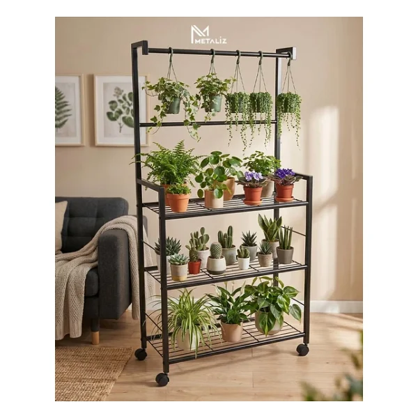 Tekerlekli Metal Saksı Standı Ve Bitki Askılığı - 3 Raflı Portatif Çiçek Rafı Siyah - Görsel 2