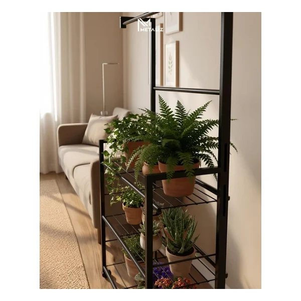 Tekerlekli Metal Saksı Standı Ve Bitki Askılığı - 3 Raflı Portatif Çiçek Rafı Siyah - Görsel 3