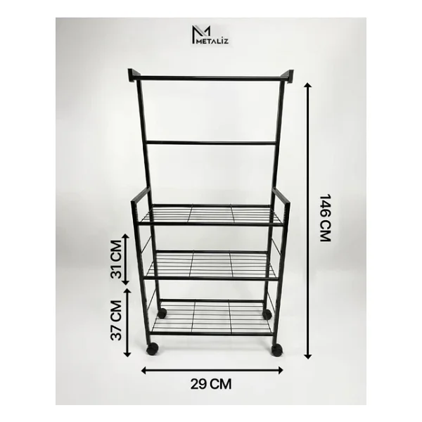 Tekerlekli Metal Saksı Standı Ve Bitki Askılığı - 3 Raflı Portatif Çiçek Rafı Siyah - Görsel 5