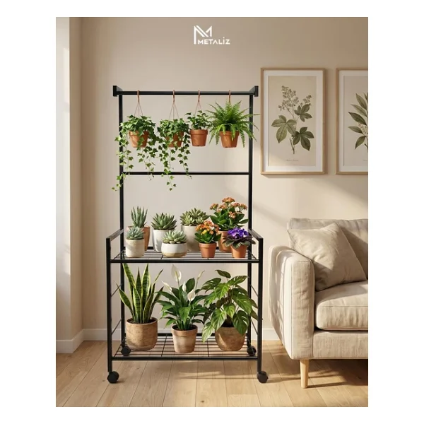 Tekerlekli Metal Saksı Standı Ve Bitki Askılığı - 3 Raflı Portatif Çiçek Rafı Siyah - Görsel 4