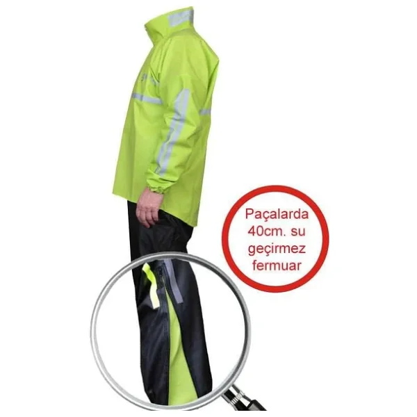 Motosiklet Yağmurluk Takım Prime 0.44mm. Kalın%100 Su Geçirmez Kumaş Fermuarlı Paça Reflektörlü (L) - Görsel 2
