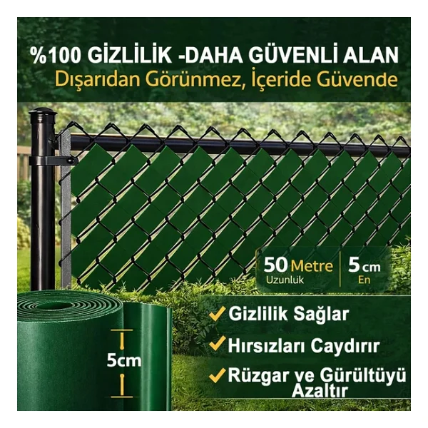 Örgü Tel Koruma, Kapatma, Gizlilik Bantları, Pvc Çit Şeridi (50 Metre) (5cm, Yeşil) - Görsel 4