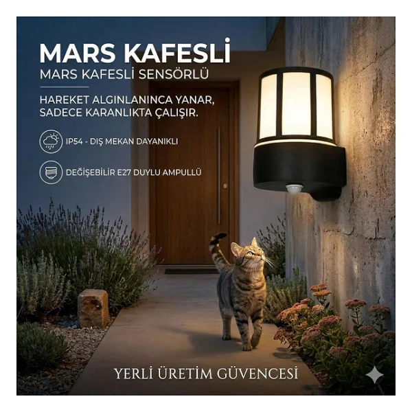 Mars Serisi Sensörlü Bahçe Apliği - Ip54 Zita Dış Mekan Duvar Lambası, E27 Duy, Yanmaz & Kırılmaz Gövde, Hareket Sensörlü, Siyah Kafesli Tasarım,%100 Yerli Üretim - Görsel 4