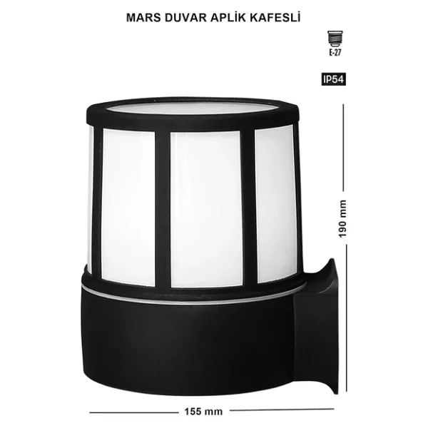 Mars Serisi Sensörlü Bahçe Apliği - Ip54 Zita Dış Mekan Duvar Lambası, E27 Duy, Yanmaz & Kırılmaz Gövde, Hareket Sensörlü, Siyah Kafesli Tasarım,%100 Yerli Üretim - Görsel 6