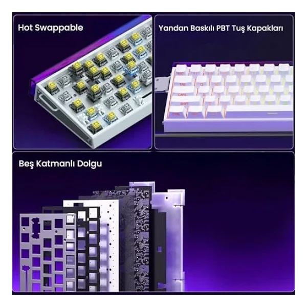 Aula Hero 68 He Manyetik Klavye Rapid Trigger Meteor Switch 8000hz RGB Neon Tkl Hot Swap Oyuncu Klavyesi Beyaz - Görsel 3