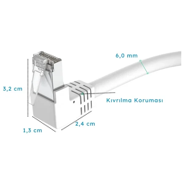 Cat 6, S/Ftp, 90° Açılı Dirsek Kablo, 3 Metre (Beyaz) - Görsel 2