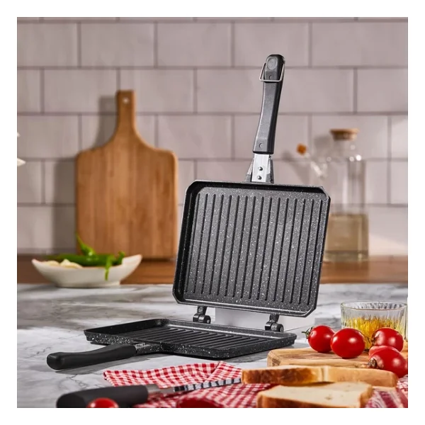 Çift Taraflı Ocak Üstü Döküm Tost Makinesi, Granit Efektli Yanmaz Yapışmaz Sandviç Ve Tost Tavası - Hamburger, Omlet Ve Aperatifler Için Ideal Ergonomik Saplı Kolay Temizlenebilir Grill Tava - Görsel 8