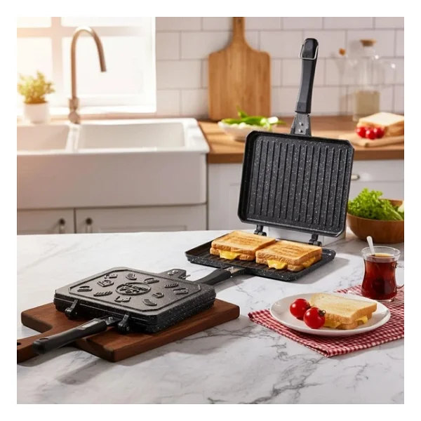Çift Taraflı Ocak Üstü Döküm Tost Makinesi, Granit Efektli Yanmaz Yapışmaz Sandviç Ve Tost Tavası - Hamburger, Omlet Ve Aperatifler Için Ideal Ergonomik Saplı Kolay Temizlenebilir Grill Tava - Görsel 7