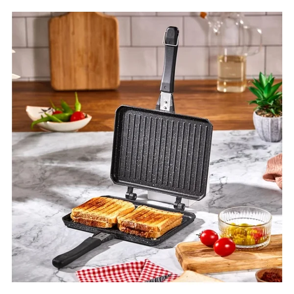 Çift Taraflı Ocak Üstü Döküm Tost Makinesi, Granit Efektli Yanmaz Yapışmaz Sandviç Ve Tost Tavası - Hamburger, Omlet Ve Aperatifler Için Ideal Ergonomik Saplı Kolay Temizlenebilir Grill Tava - Görsel 6