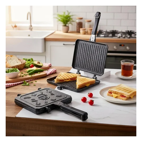 Çift Taraflı Ocak Üstü Döküm Tost Makinesi, Granit Efektli Yanmaz Yapışmaz Sandviç Ve Tost Tavası - Hamburger, Omlet Ve Aperatifler Için Ideal Ergonomik Saplı Kolay Temizlenebilir Grill Tava - Görsel 5