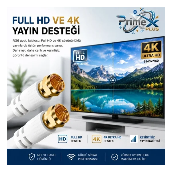 Primex Px-Tv3 3 Metre Rg6 Full HD TV Uydu Kablosu, Altın Uç Anten Kablosu, Dvb-T, Dvb-C, Dvb-S, Dvb-S2 Beyaz - 3 M - Görsel 5