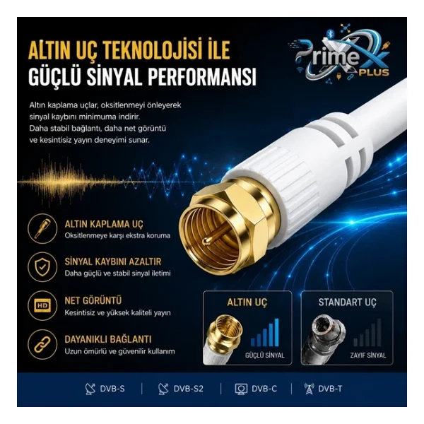 Primex Px-Tv3 3 Metre Rg6 Full HD TV Uydu Kablosu, Altın Uç Anten Kablosu, Dvb-T, Dvb-C, Dvb-S, Dvb-S2 Beyaz - 3 M - Görsel 3