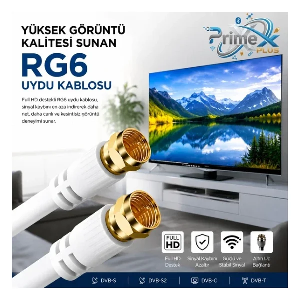 Primex Px-Tv3 3 Metre Rg6 Full HD TV Uydu Kablosu, Altın Uç Anten Kablosu, Dvb-T, Dvb-C, Dvb-S, Dvb-S2 Beyaz - 3 M - Görsel 2