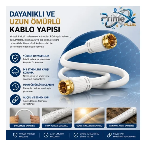 Primex Px-Tv3 3 Metre Rg6 Full HD TV Uydu Kablosu, Altın Uç Anten Kablosu, Dvb-T, Dvb-C, Dvb-S, Dvb-S2 Beyaz - 3 M - Görsel 6