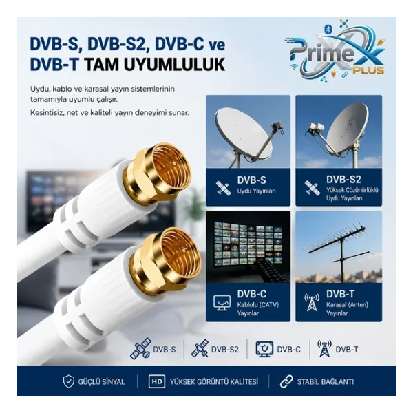 Primex Px-Tv3 3 Metre Rg6 Full HD TV Uydu Kablosu, Altın Uç Anten Kablosu, Dvb-T, Dvb-C, Dvb-S, Dvb-S2 Beyaz - 3 M - Görsel 4