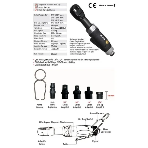 Gison Gp-854j 1/4" 6.35 Mm Havalı Cırcır Kolu - Görsel 2