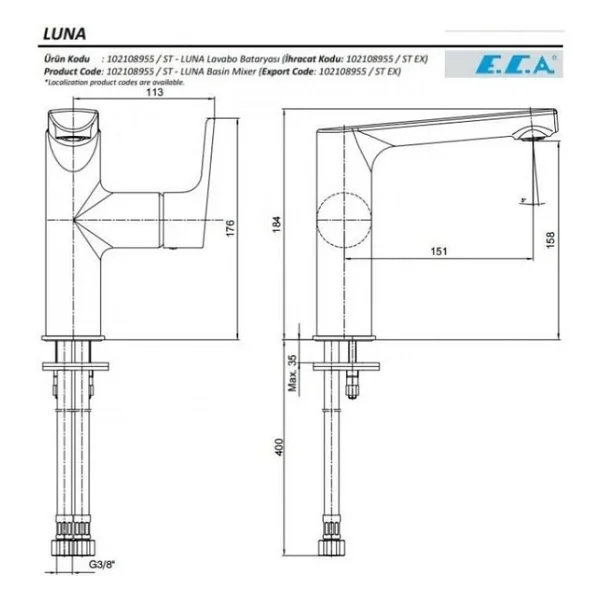 E.C.A. Luna 102108955 Lavabo Bataryası - Görsel 5