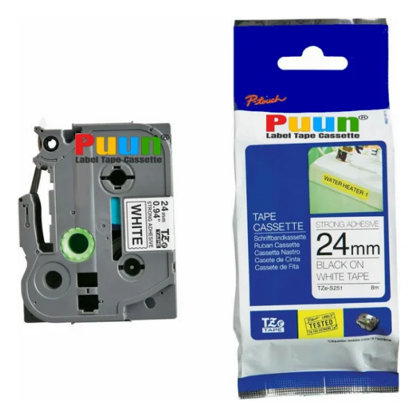 Puun Brother P-Touch Tze-S251 24mm X 8m Güçlü Yapışkanlı Beyaz Üzerine Siyah Muadil Laminasyon Etiket Şeridi - Görsel 3