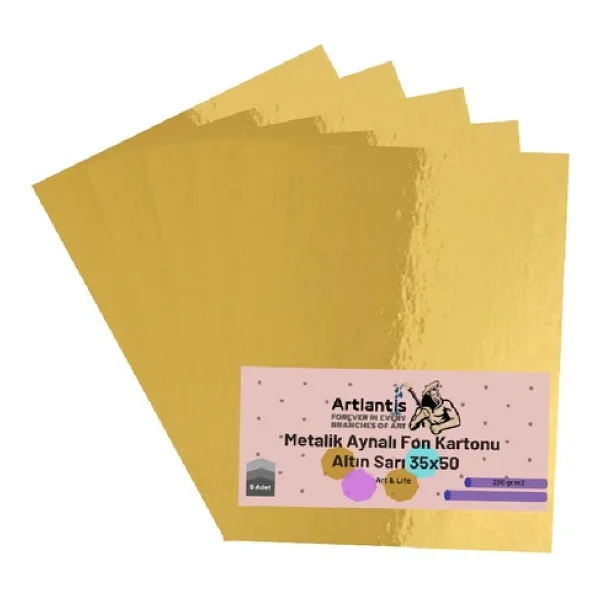 Altın Sarı 35x50 Metalik Aynalı Fon Kartonu 5 Adet 1 Paket Artlantis Aynalı Metalik Fon Kartonu - Görsel 3