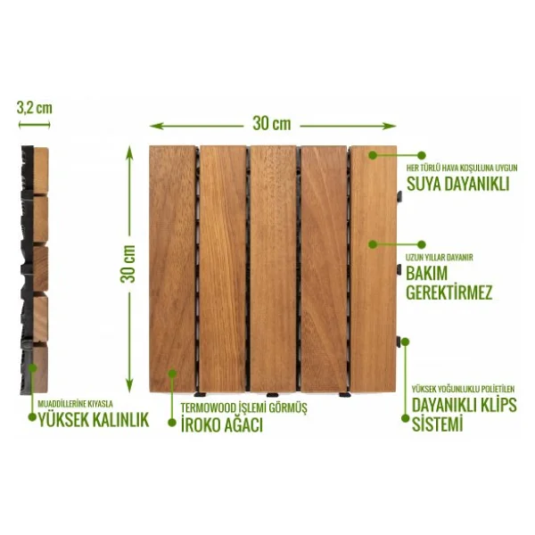 Sunsoe İroko Ağacı Balkon Bahçe Ahşap Yer Döşemesi Karo Deck 30x30 Cm - 10 Adet (0,9m2) - Görsel 5