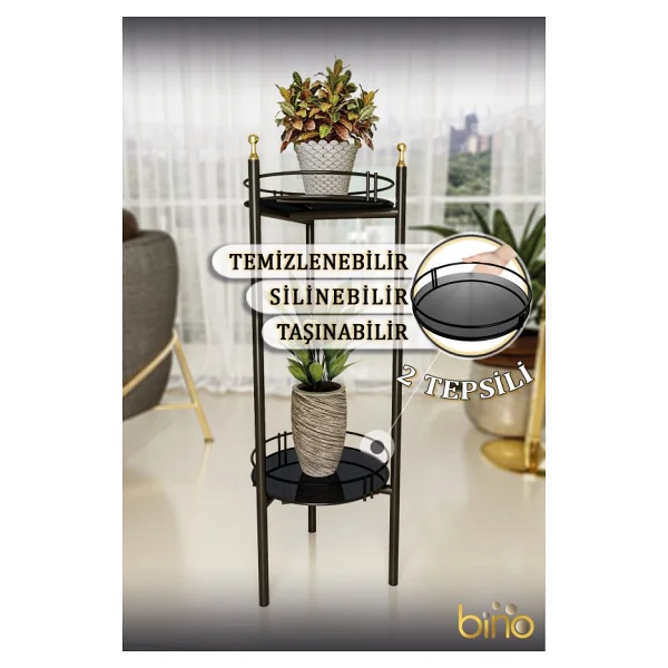 Bino Saksılık Organizer Bahçe Balkon Standı Çiçeklik Dekoratif Lüks Metal 2 Katlı Servis Sunum Tepsi - Görsel 4
