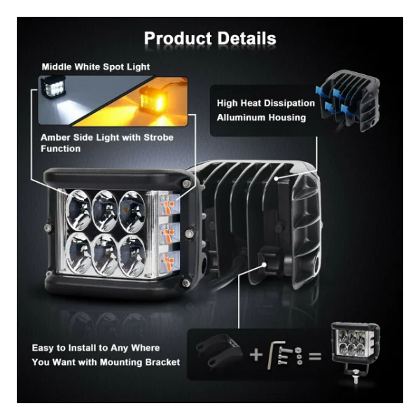 Off Road Motosiklet 45w 12 LED 10cm Beyaz Turuncu Çakarlı Kare Sis Farı Çalışma Lambası 2 Adet Sağ Sol - Görsel 9