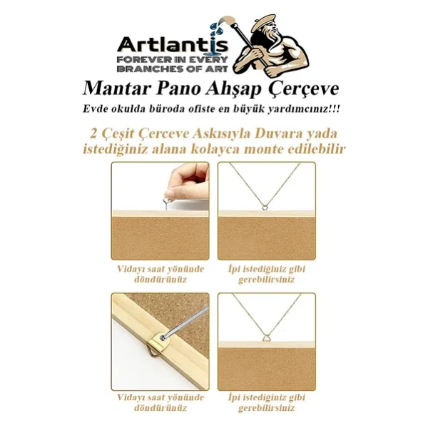 Mantar Pano Ahşap Çerçeve 60x90 Cm 1 Adet Harita Çivisi Hediyeli Duvara Monte Mantar Çerçeve Evde Okulda Büroda Ofiste - Görsel 3