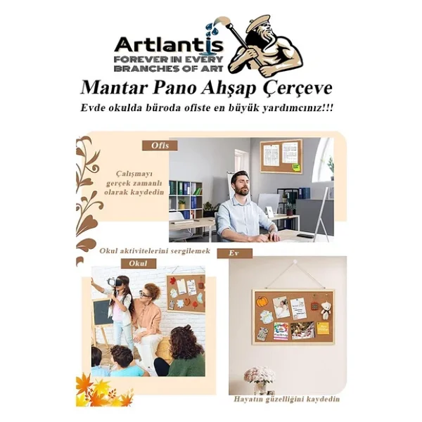 Mantar Pano Ahşap Çerçeve 60x90 Cm 1 Adet Harita Çivisi Hediyeli Duvara Monte Mantar Çerçeve Evde Okulda Büroda Ofiste - Görsel 5