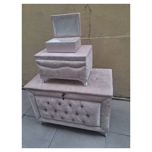 Çeyiz 13940 Sandık Kapiton Küçük 3lü Set Krem Kadife Kumaş İçi Tela El Yapım - Görsel 9