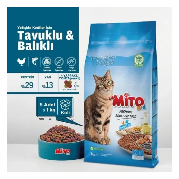 Mito Mix Tavuklu Ve Balıklı 1 Kg 5'li Paket Yetişkin Kuru Kedi Maması - Görsel 5