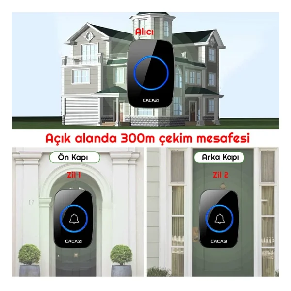 Cacazi 2 Buton 1 Alıcı Kablosuz Uzaktan Kumandalı LED Kapı Zili - Görsel 4