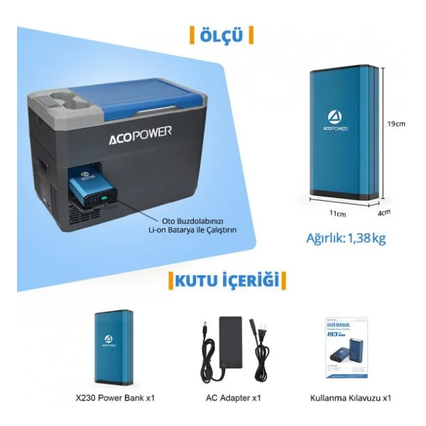 Acopower X230 14.8volt 13amper Li-İon Yedek Buzdolabı Aküsü + Powerbank + LED Lamba - Görsel 5