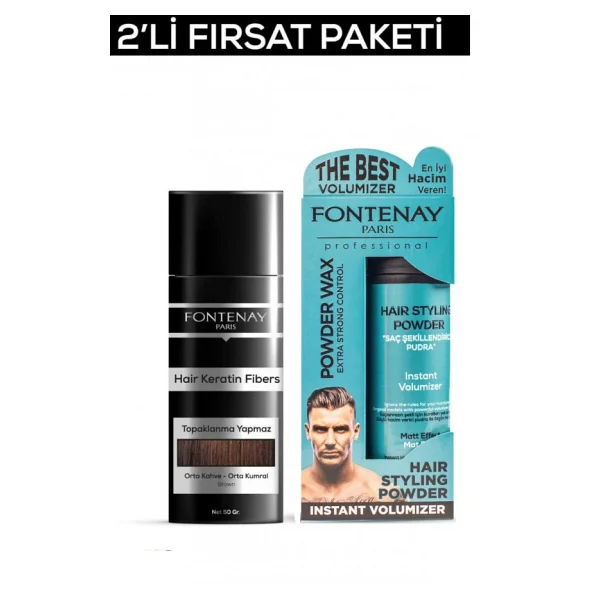 Fontenay Saç Dolgunlaştırıcı Keratinfibers Orta Kahve Topik Saç Tozu 50gr+Matt Effect Toz Wax 2li Set - Görsel 3