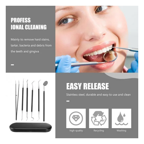Valkyrie 6 Parça Paslanmaz Çelik Metal Kutulu Diş Tartar Temizleme Dental Ağız Bakım Seti Siyah Kutu - Görsel 10