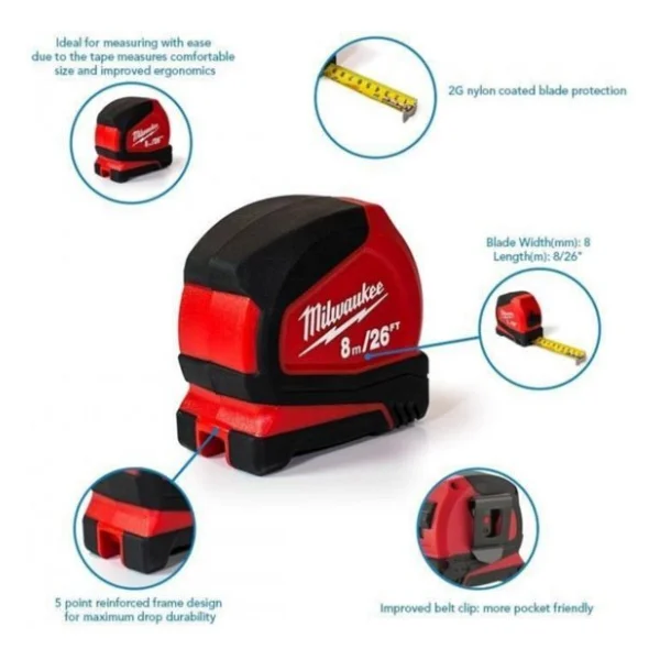 Milwaukee T4932459596 Pro Kompakt 8 M Şerit Metre - Görsel 4