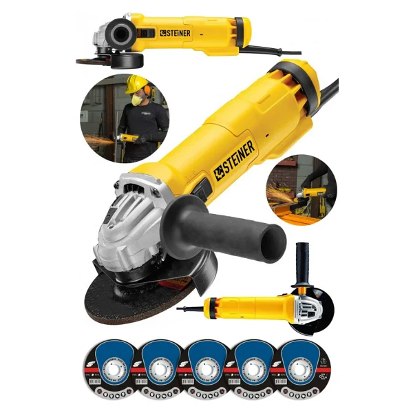 Steiner Alman 4200 W Metal Şanzıman Bakır Sargı Avuç Içi Taşlama Demir Metal Kesme Makinesi 125 Mm Siyah + 5 Disk - Görsel 2