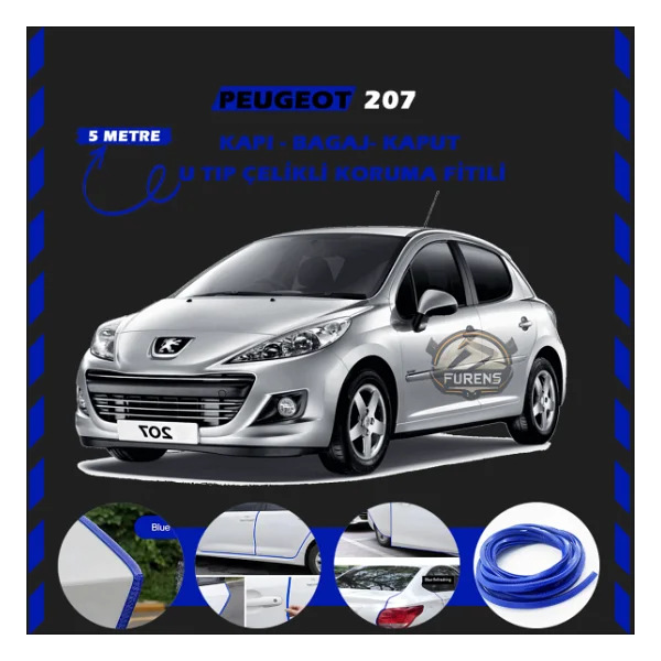 Peugeot 207 Oto Araç Kapı Koruma Fitili 5metre Parlak Mavi Renk