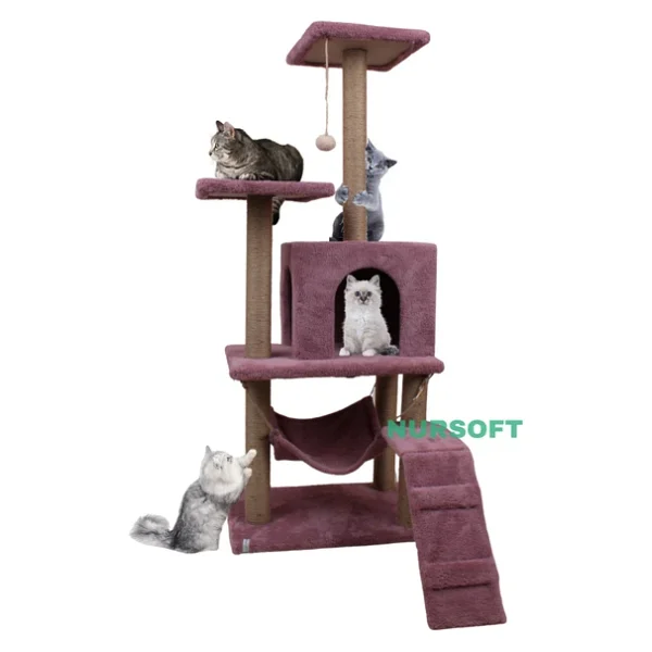 Nursoft B-07 Hamaklı Yuvalı Lüx Kedi Tırmalama Oyun Evi - Gül Kurusu - Görsel 4