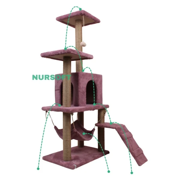 Nursoft B-07 Hamaklı Yuvalı Lüx Kedi Tırmalama Oyun Evi - Gül Kurusu - Görsel 5