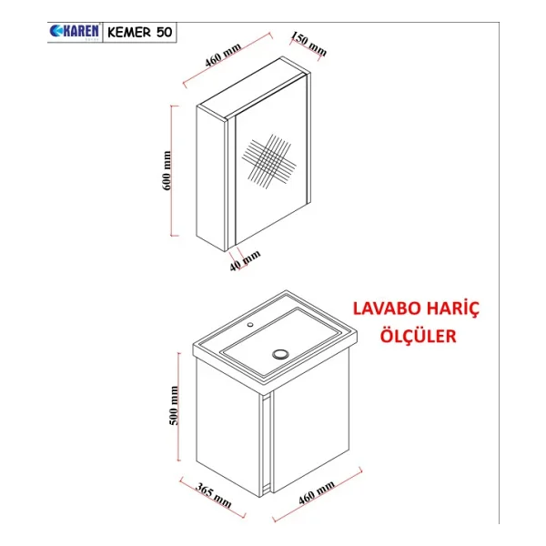 Karen Kemer 50 cm Lavabolu Aynalı Banyo Dolabı - Görsel 5
