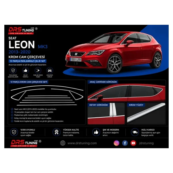 Seat Leon Uyumlu Krom Cam Çerçevesi Paslanmaz Çelik 12 Parça Leon Mk3 (2013-2020) - Görsel 3