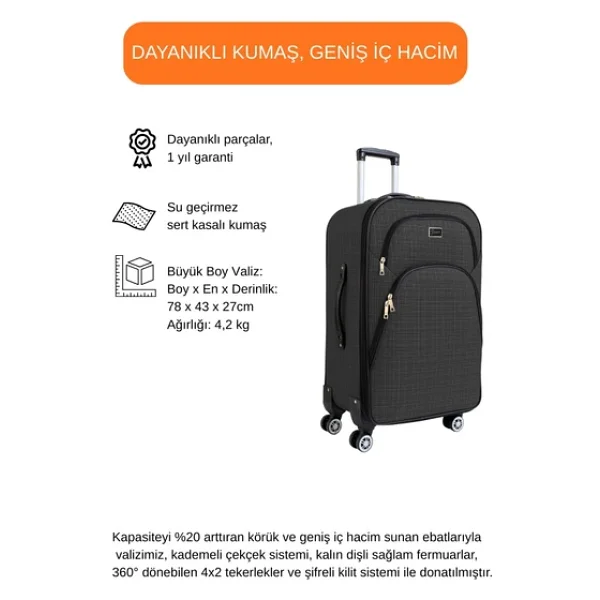 Louisiana Polo 1081 Kumaş Antrasit Büyük Boy Valiz - Görsel 4