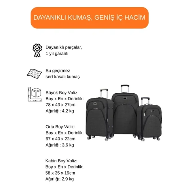 Louisiana Polo 1081 Kumaş Kabin + Orta + Büyük Boy 3'lü Valiz Seti - Görsel 4