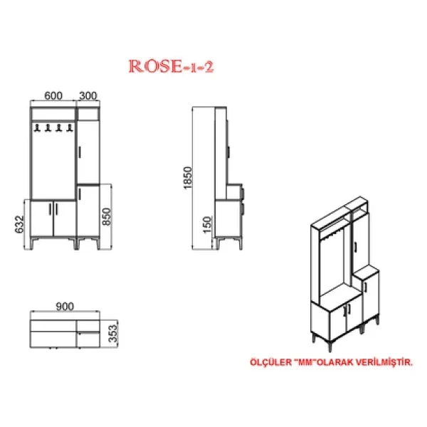 Kalender Dekor Rose - 1 - 2 Portmanto Vestiyer Ayakkabılık Ceviz - Lagina - Görsel 6